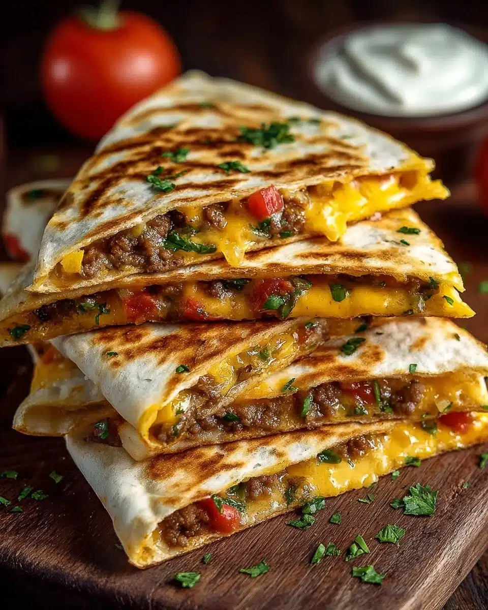 Smashburger Quesadillas with cheese and grilled ingredients