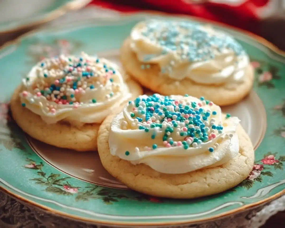 Delicious soft sugar cookies decorated with colorful buttercream frosting.