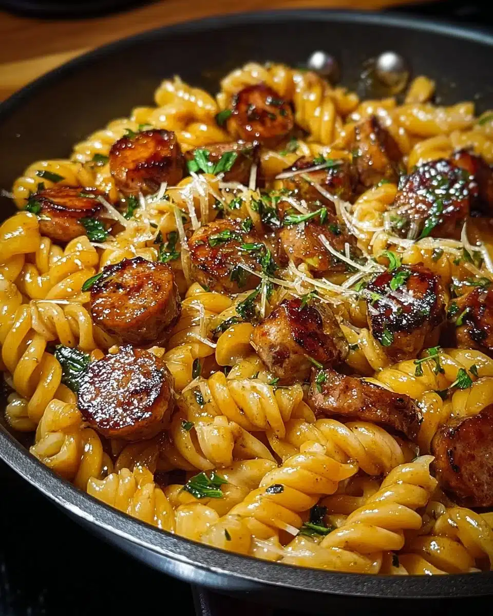 Sticky Honey Garlic Sausage Pasta Skillet