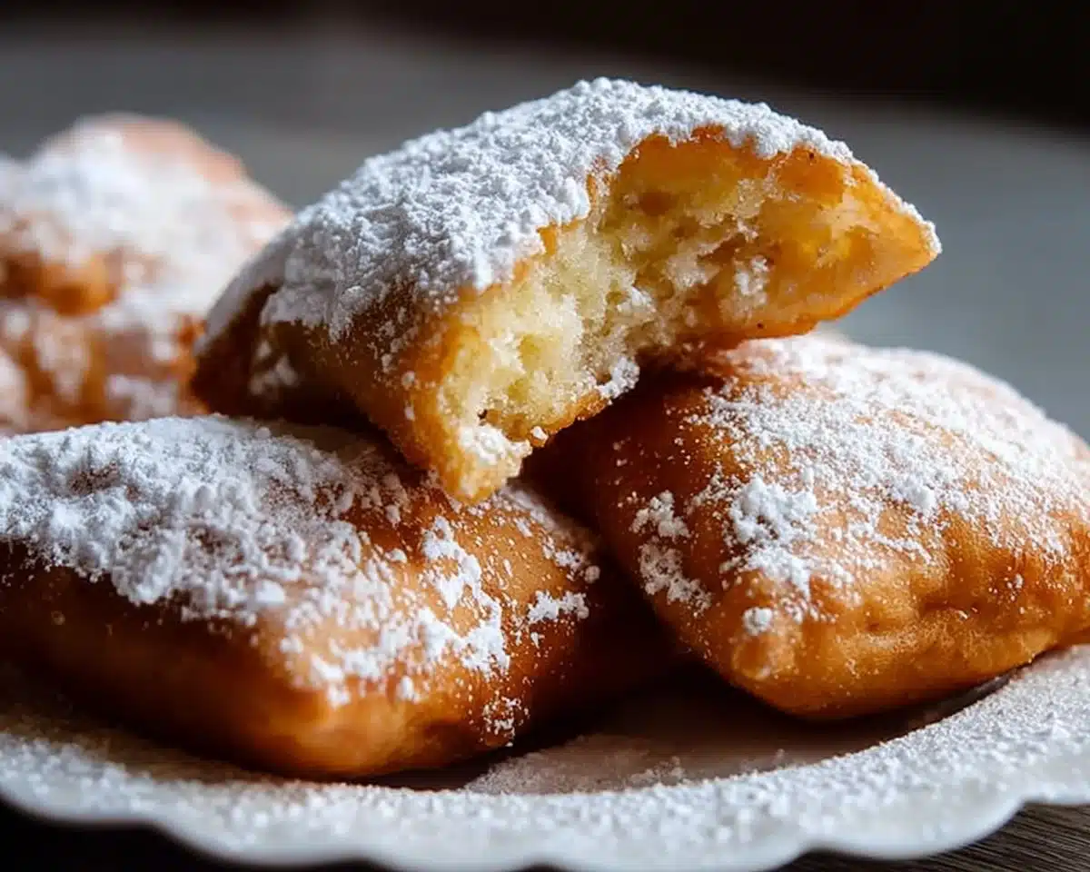 Plate of authentic New Orleans beignets dusted with powdered sugar