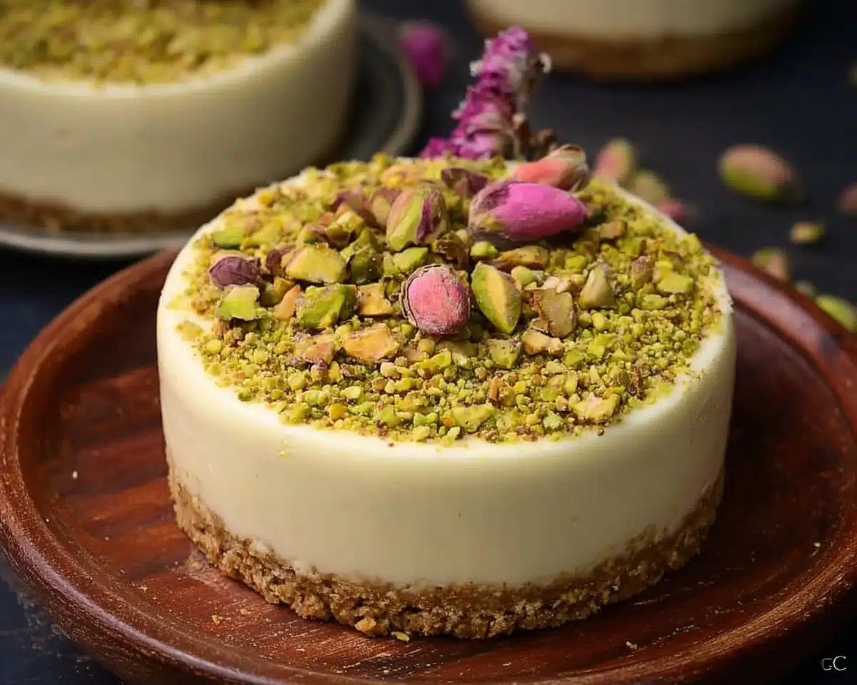 Baked yogurt dessert topped with a crunchy pistachio crust