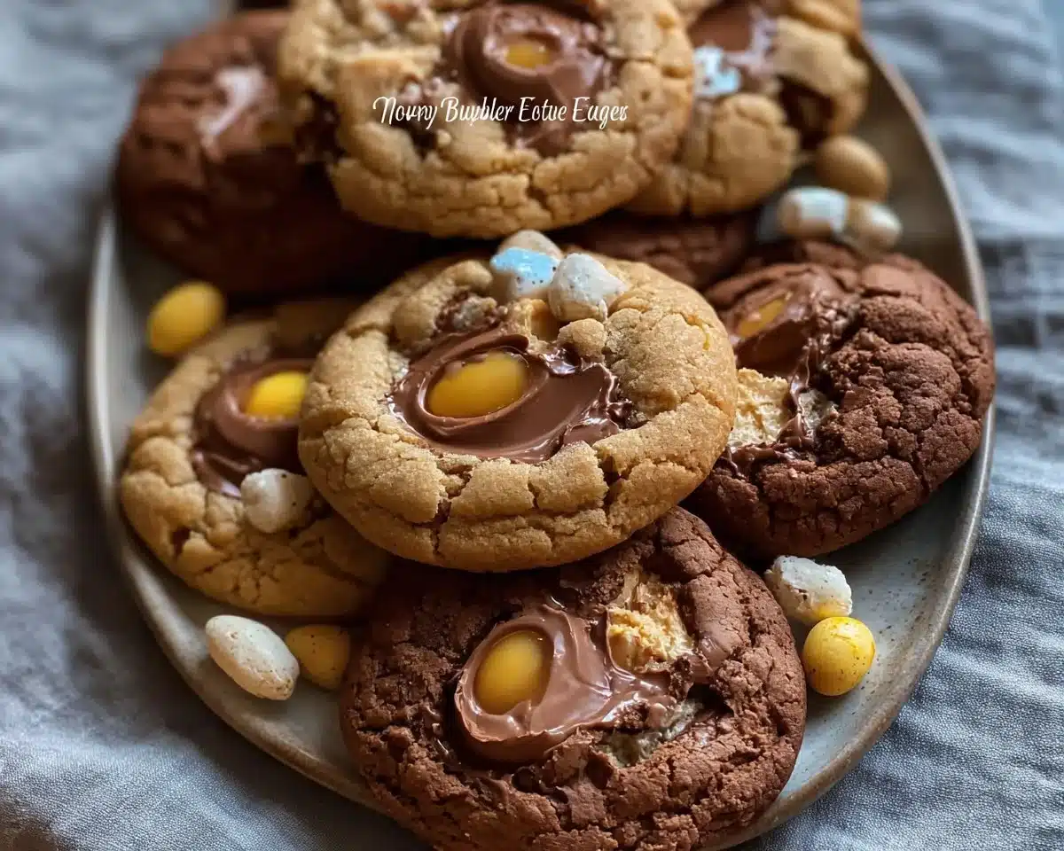 Delicious Brown Butter Cadbury Egg Cookies on a plate, perfect for Easter.