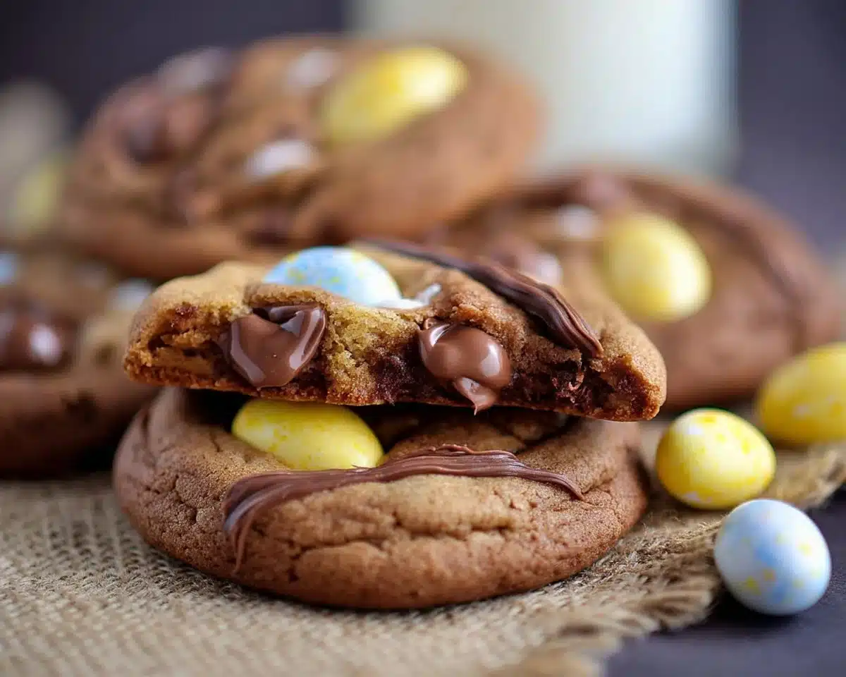 Freshly baked Cadbury Egg Cookies with chocolate chunks and creamy filling.