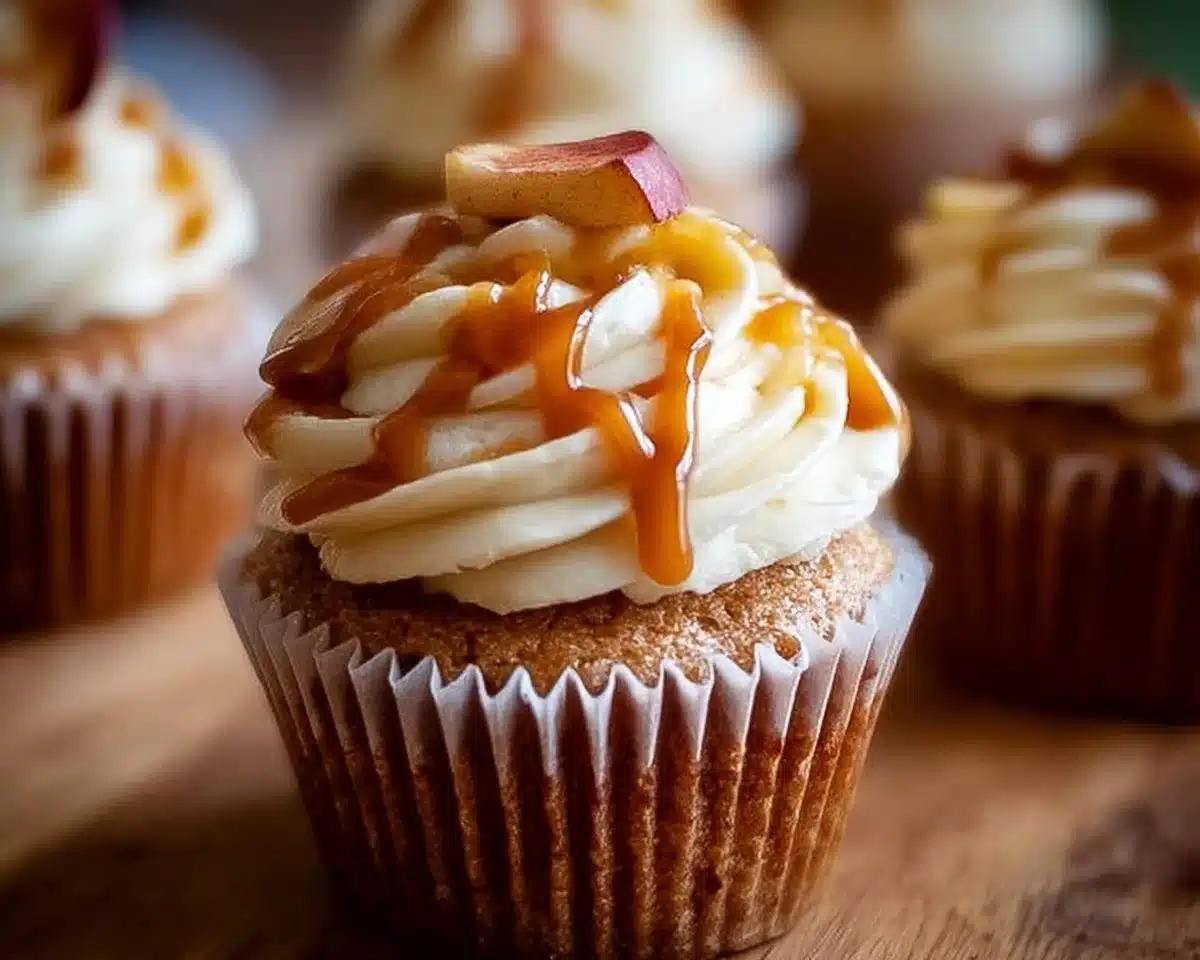 Delicious caramel apple cupcakes topped with caramel drizzle and apple slices