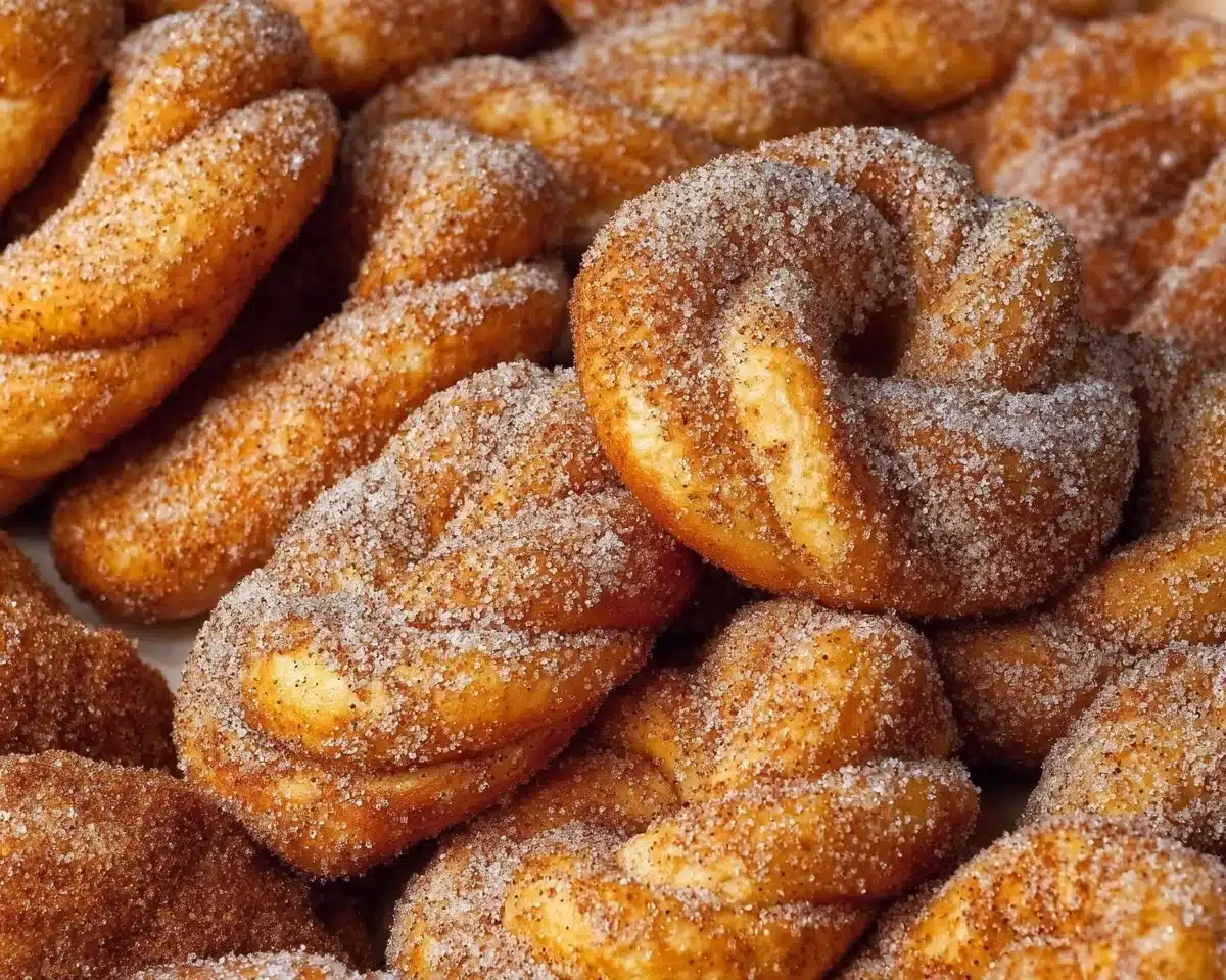 Freshly baked Cinnamon Sugar Twist Donuts dusted with sweet cinnamon sugar