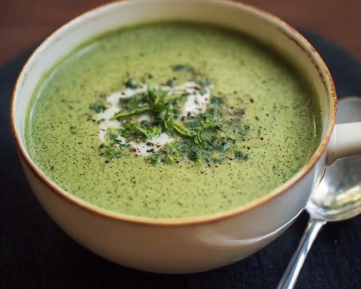 Bowl of creamy broccoli spinach soup garnished with herbs