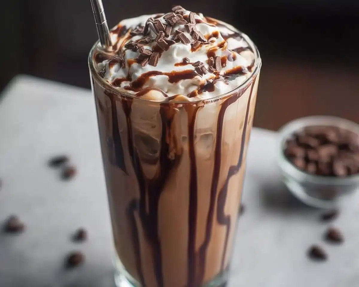 Double Chocolate Mocha Iced Coffee served in a glass with whipped cream and chocolate drizzle