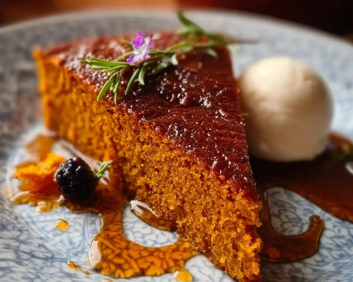 Flourless Sweet Potato Ginger Cake topped with icing and ginger slices