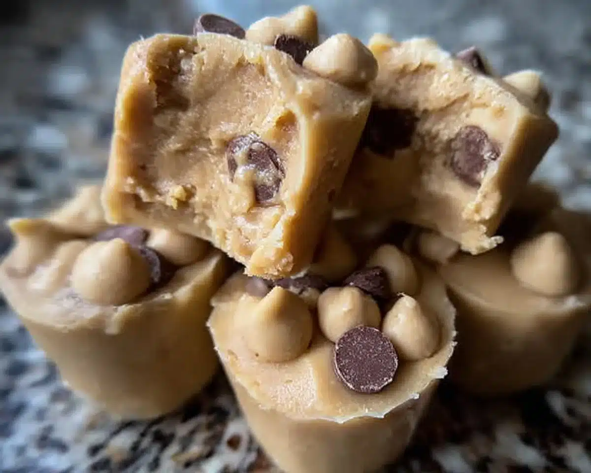 Frozen Greek yogurt peanut butter bites on a plate, a delicious frozen treat.