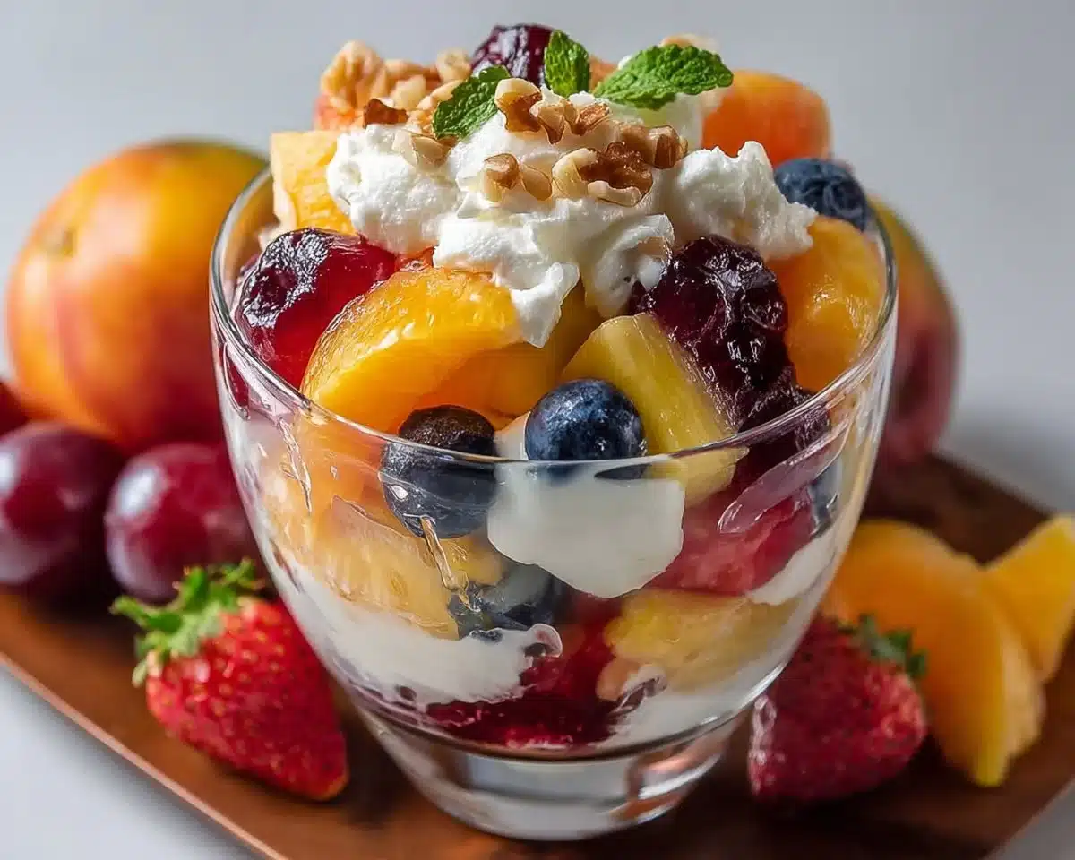 Colorful fruit salad dessert with a variety of fresh fruits in a bowl.