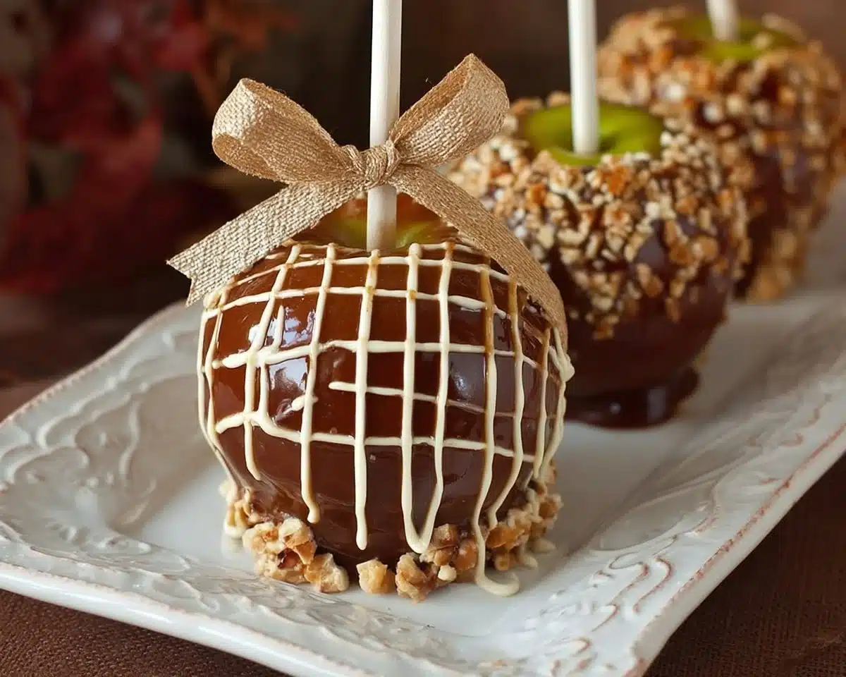 Delicious gourmet caramel apples draped in rich caramel and topped with nuts.