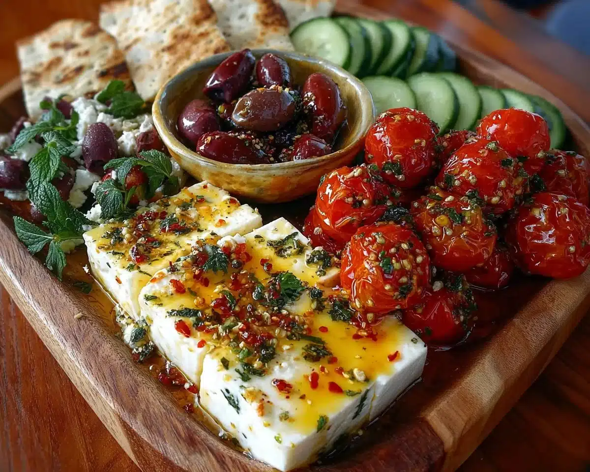 Greek Feta Mezze Platter with Chili Honey Drizzle served on a wooden table