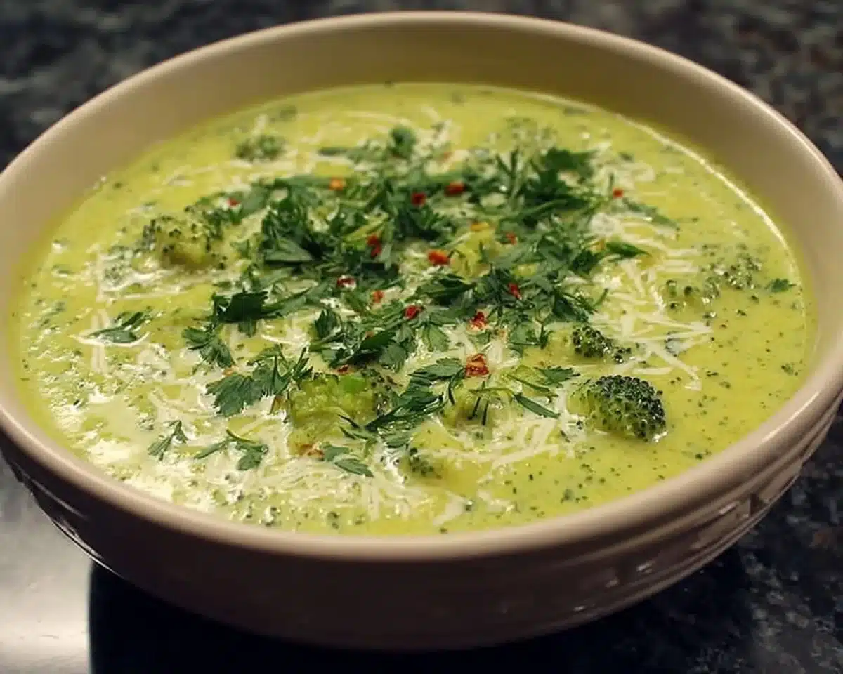 High Protein Low Carb Broccoli Cheese Soup served in a bowl with toppings