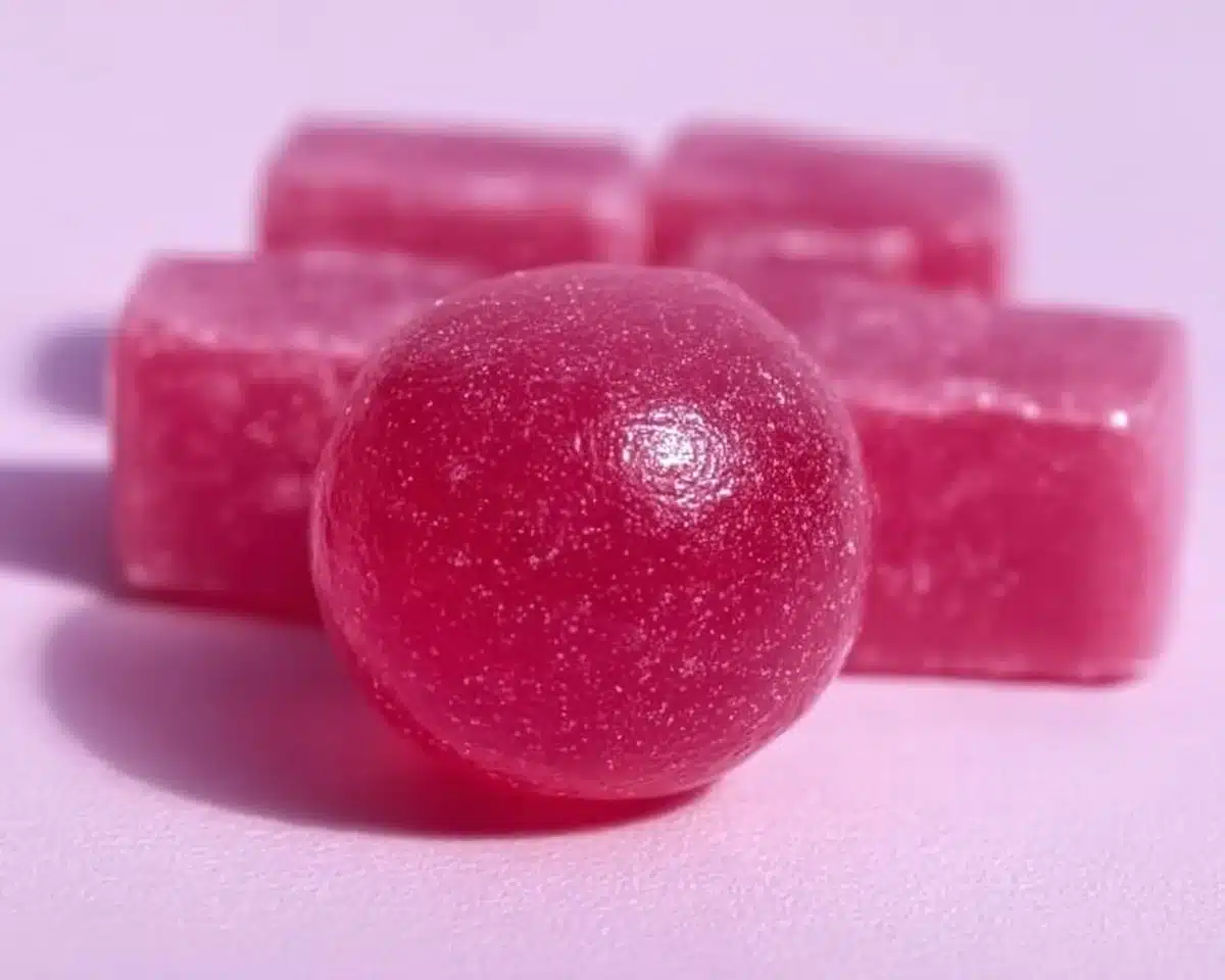 Colorful homemade bubble gum pieces on a wooden surface.