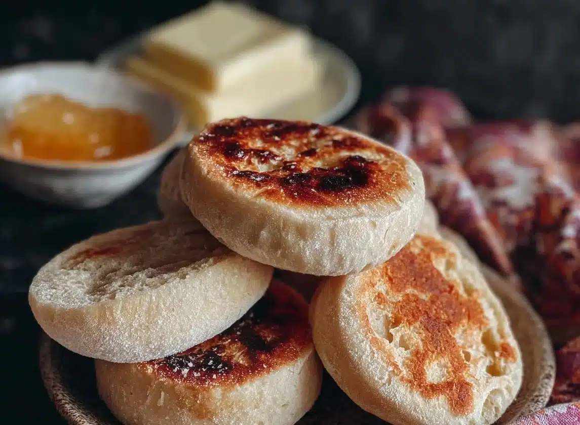 Freshly baked homemade sourdough English muffins on a wooden table.