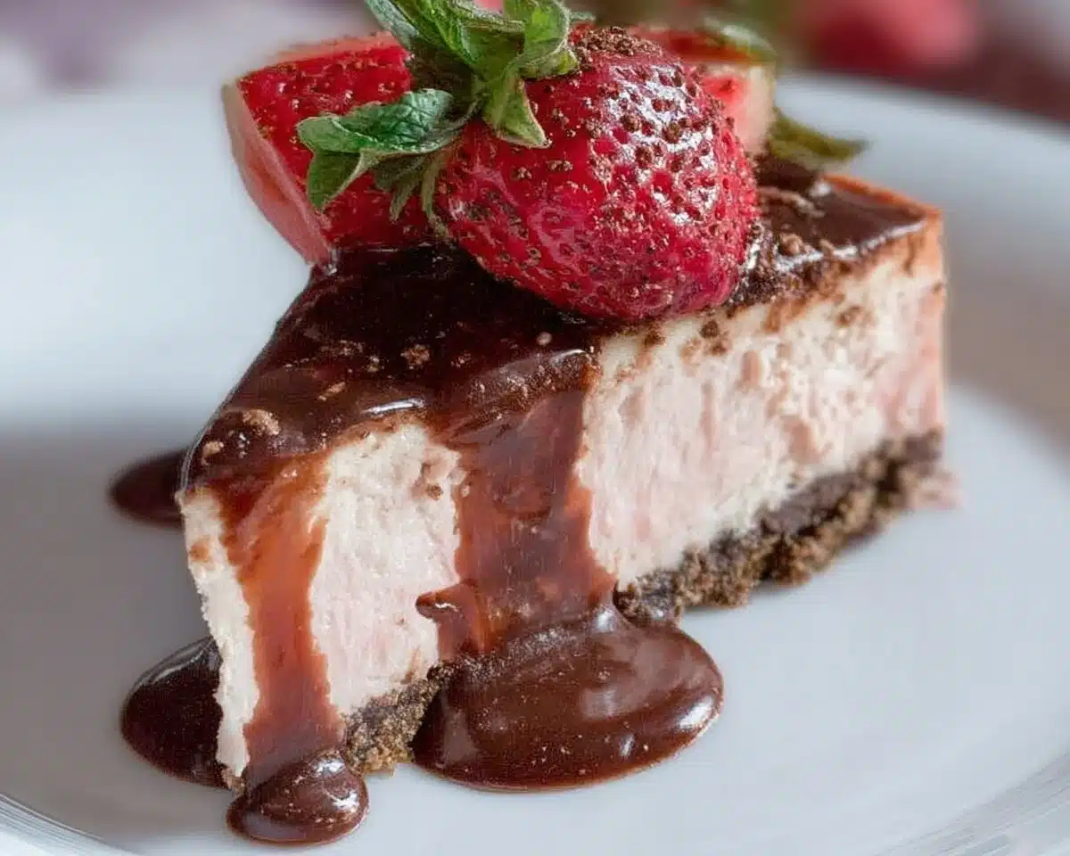 Keto Chocolate Strawberry Cheesecake topped with fresh strawberries and chocolate.