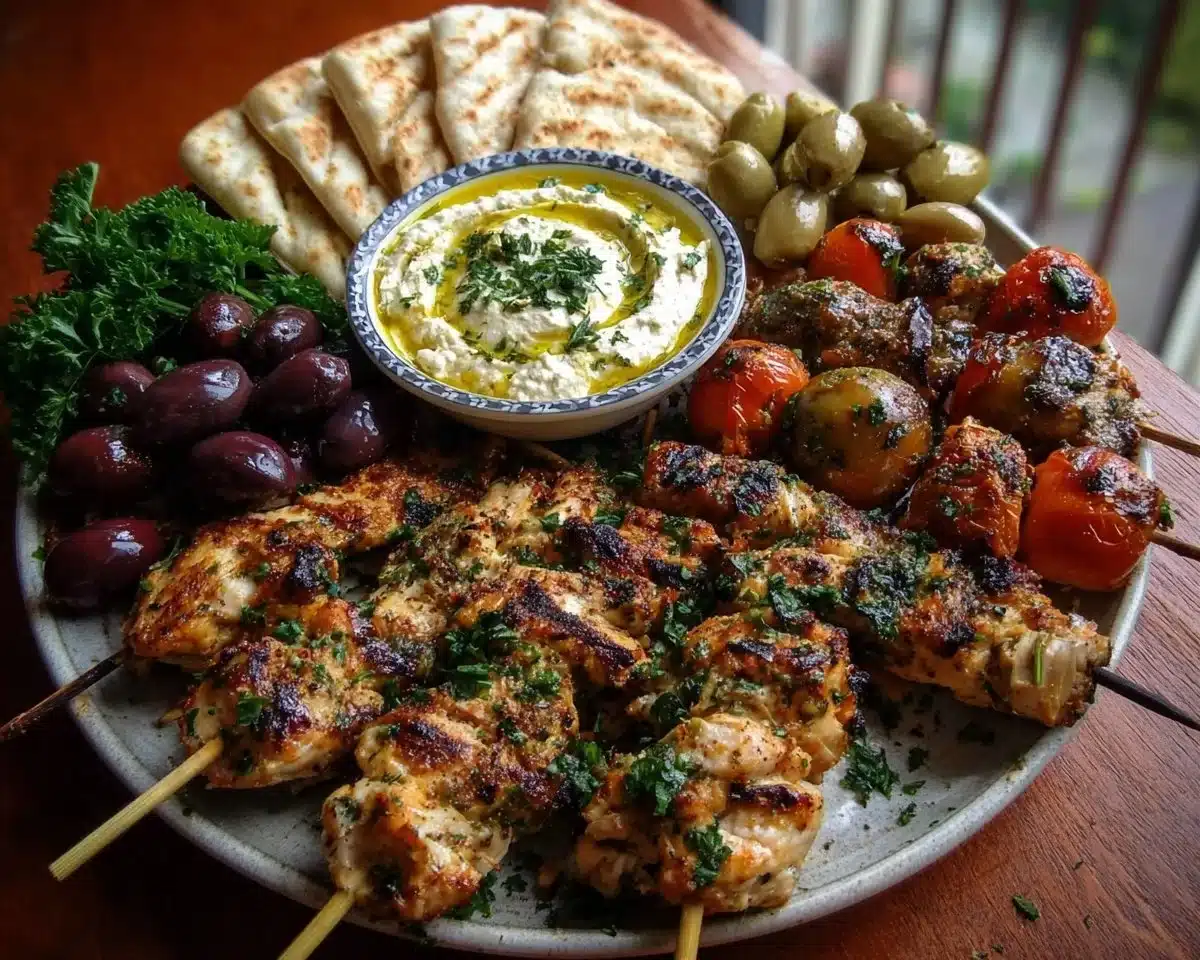 Mediterranean chicken skewers served with a colorful mezze platter