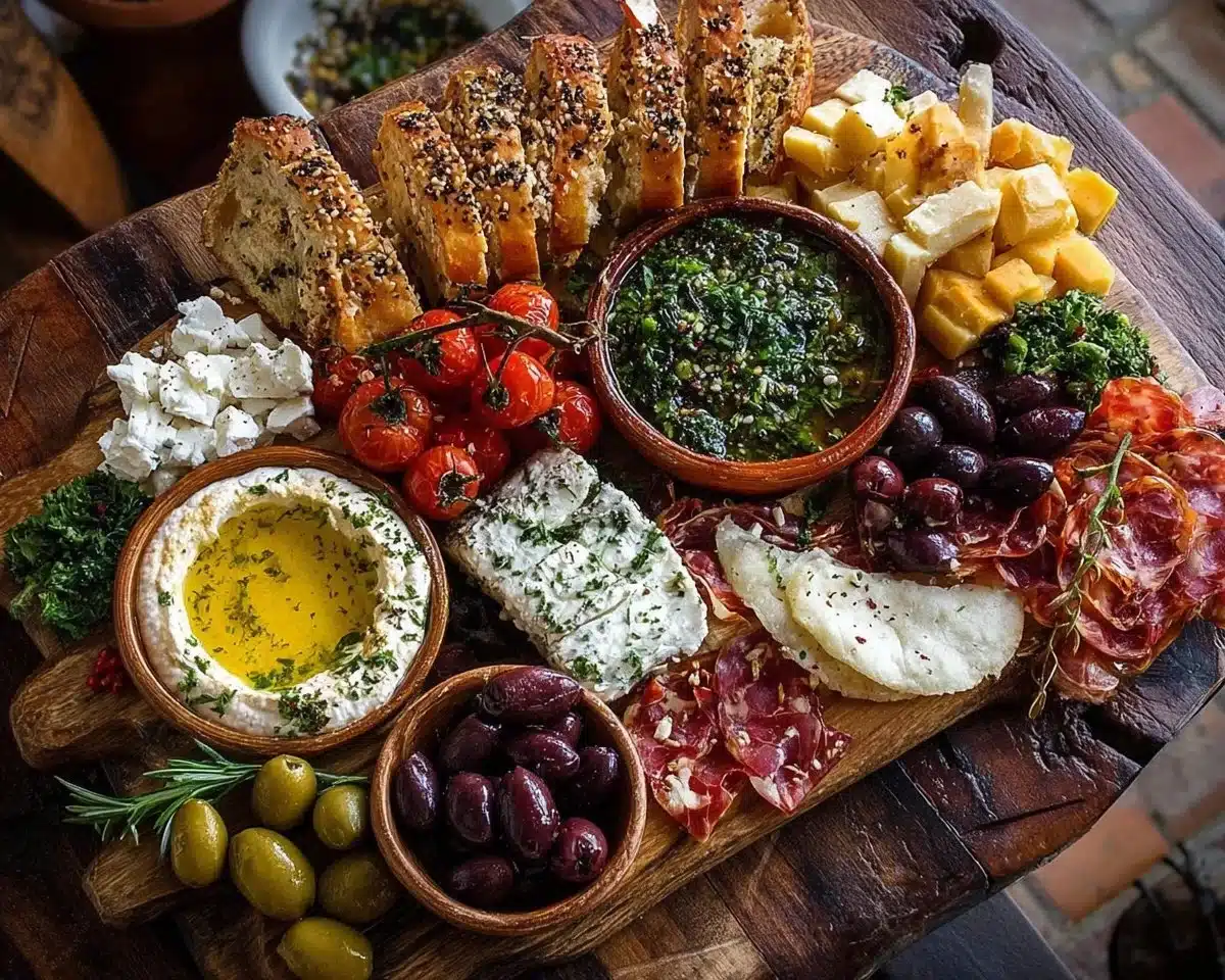 Colorful Mediterranean Grazing Board featuring cheeses, fruits, and nuts.