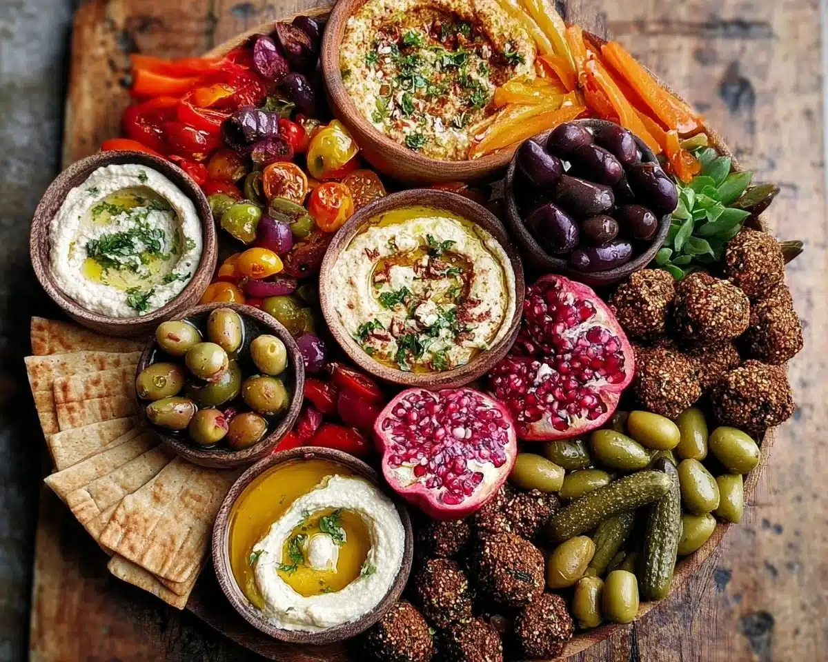 A beautifully arranged Mediterranean mezze board with colorful dips and fresh ingredients.