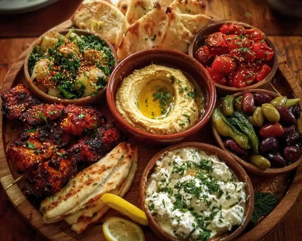 A vibrant Mediterranean mezze tapas platter with assorted dips and fresh vegetables.