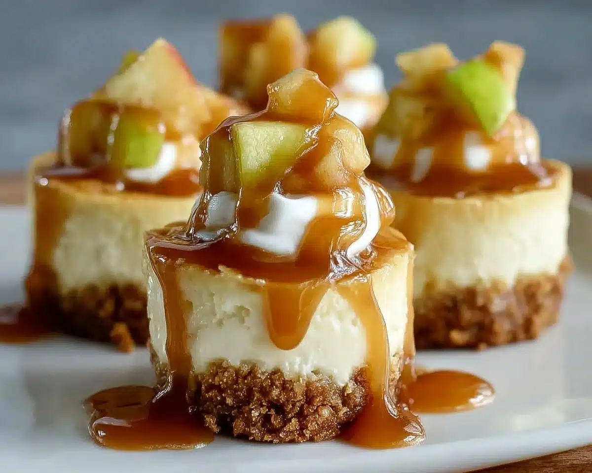 Mini caramel apple cheesecake bites on a platter