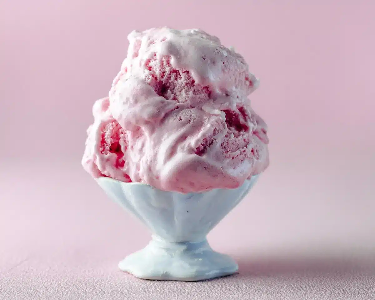 Scoops of no churn bubble gum ice cream in a colorful bowl with sprinkles