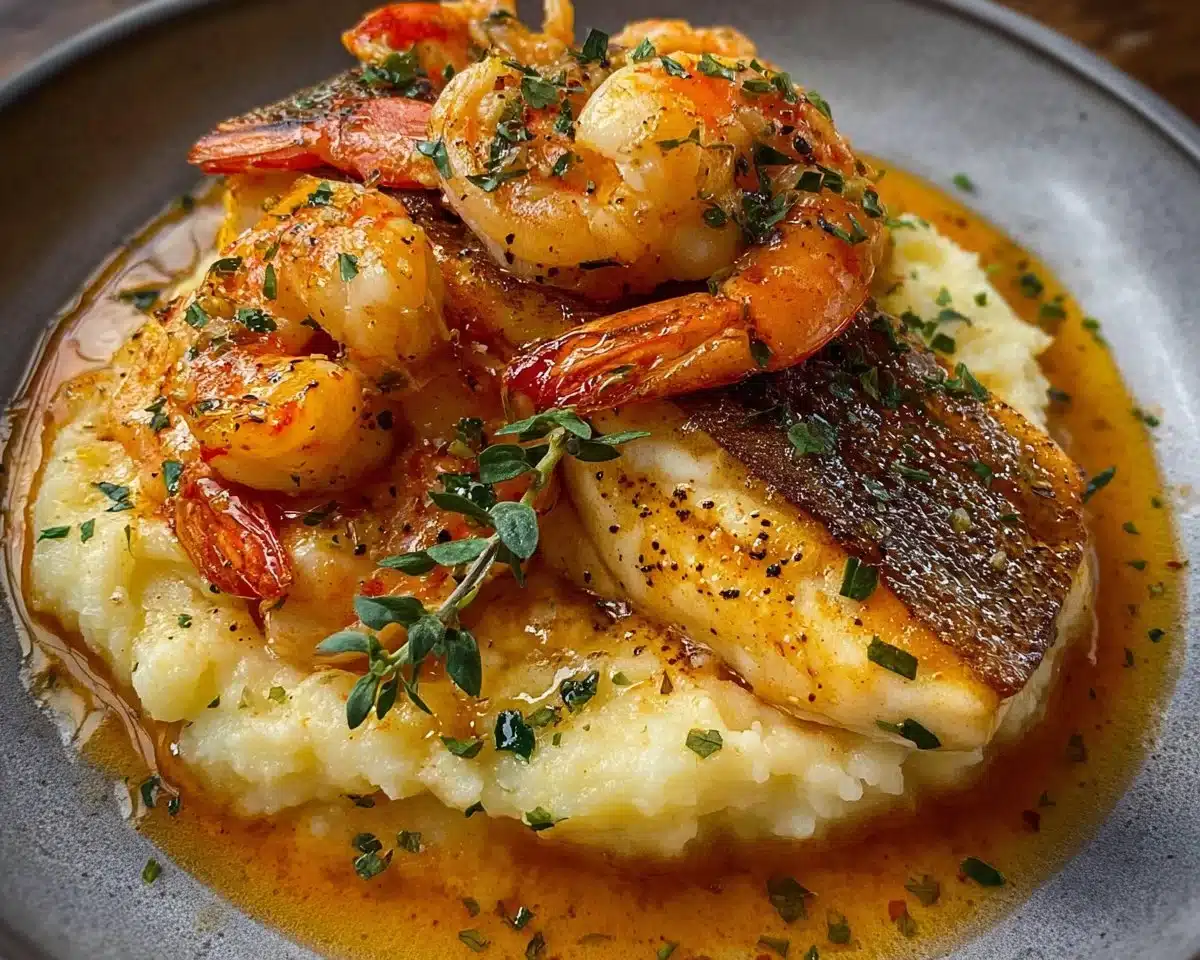 Pan-Seared Fish with Garlic Butter Shrimp and Mashed Potatoes