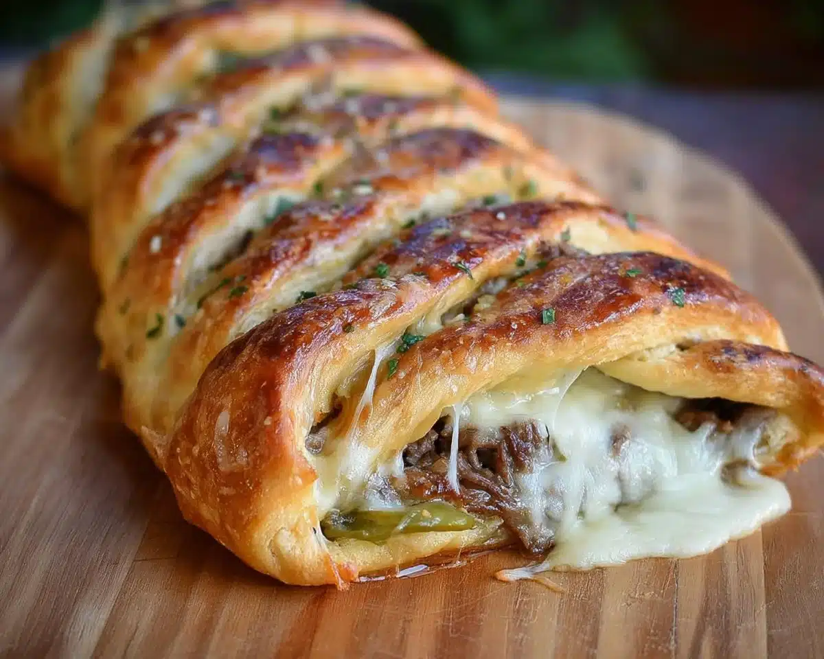 Philly cheesesteak crescent braid recipe with melted cheese and beef