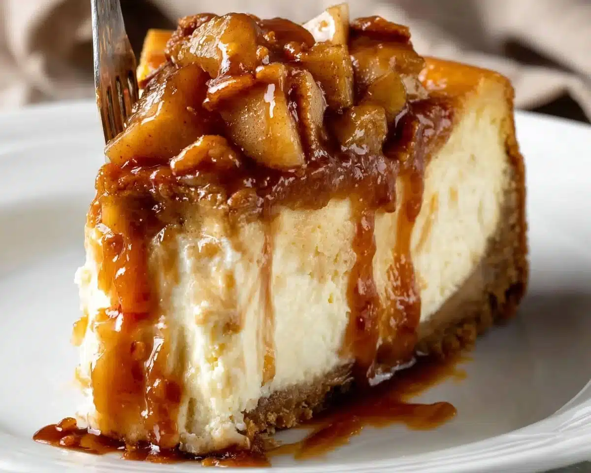 Delicious apple cheesecake topped with caramel and baked apples, perfect for fall desserts.