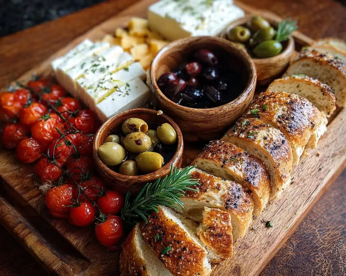 Rustic Mediterranean bread served with an assortment of cheeses on a platter