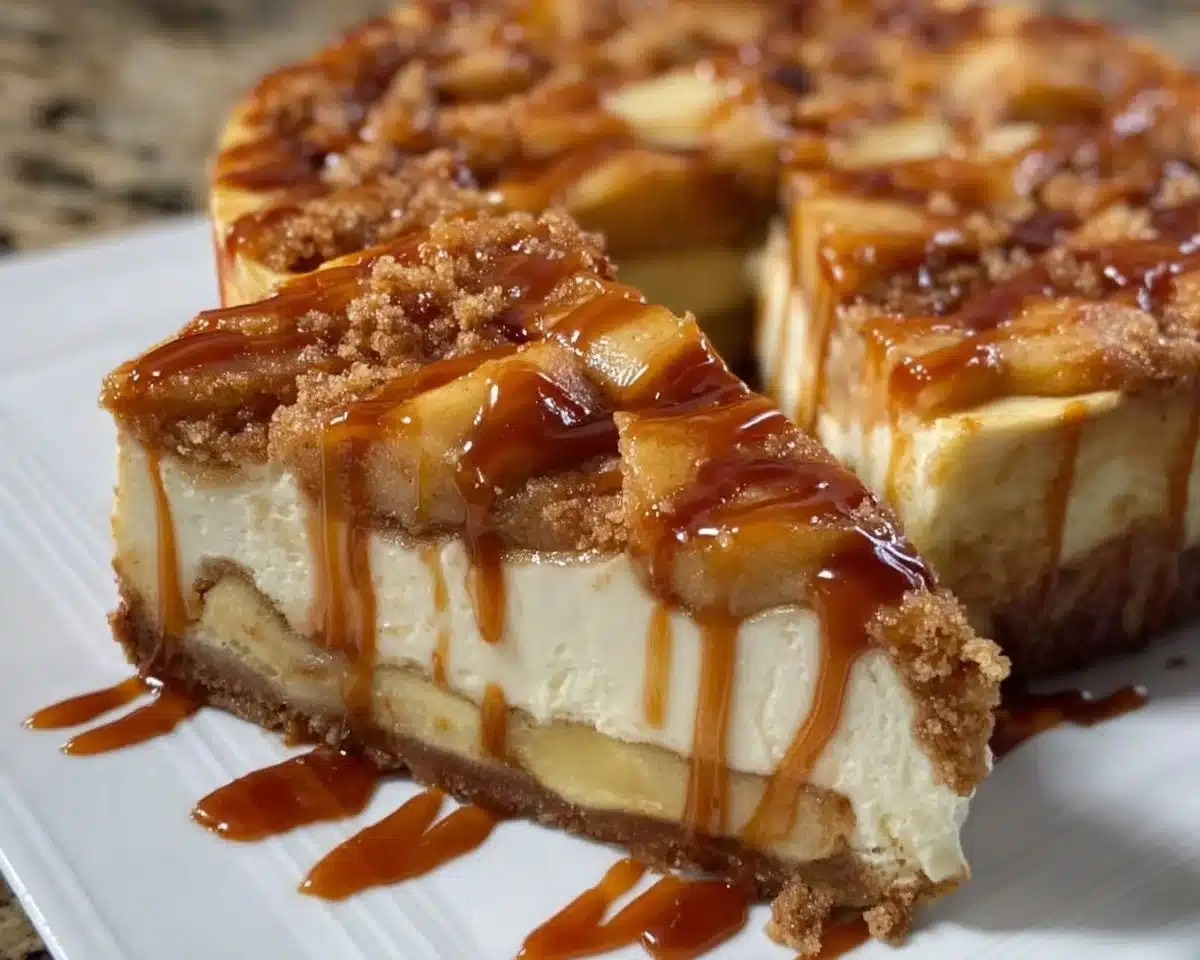 Delicious salted caramel apple pie cheesecake slice on a plate.