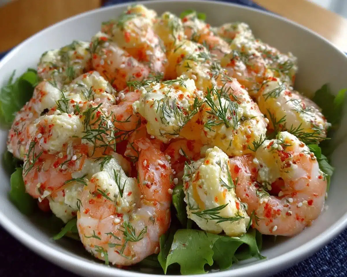 Delicious shrimp salad with fresh vegetables and dressing