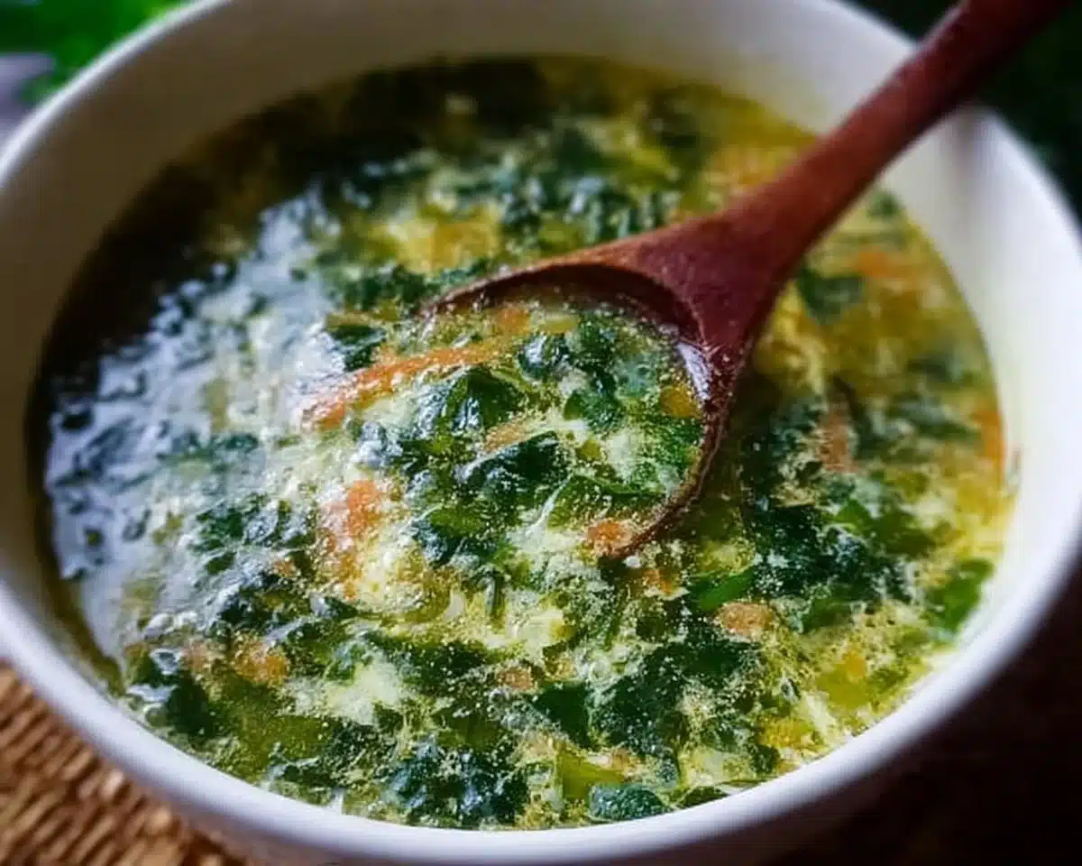 Delicious bowl of Spinach Egg Drop Soup with fresh ingredients