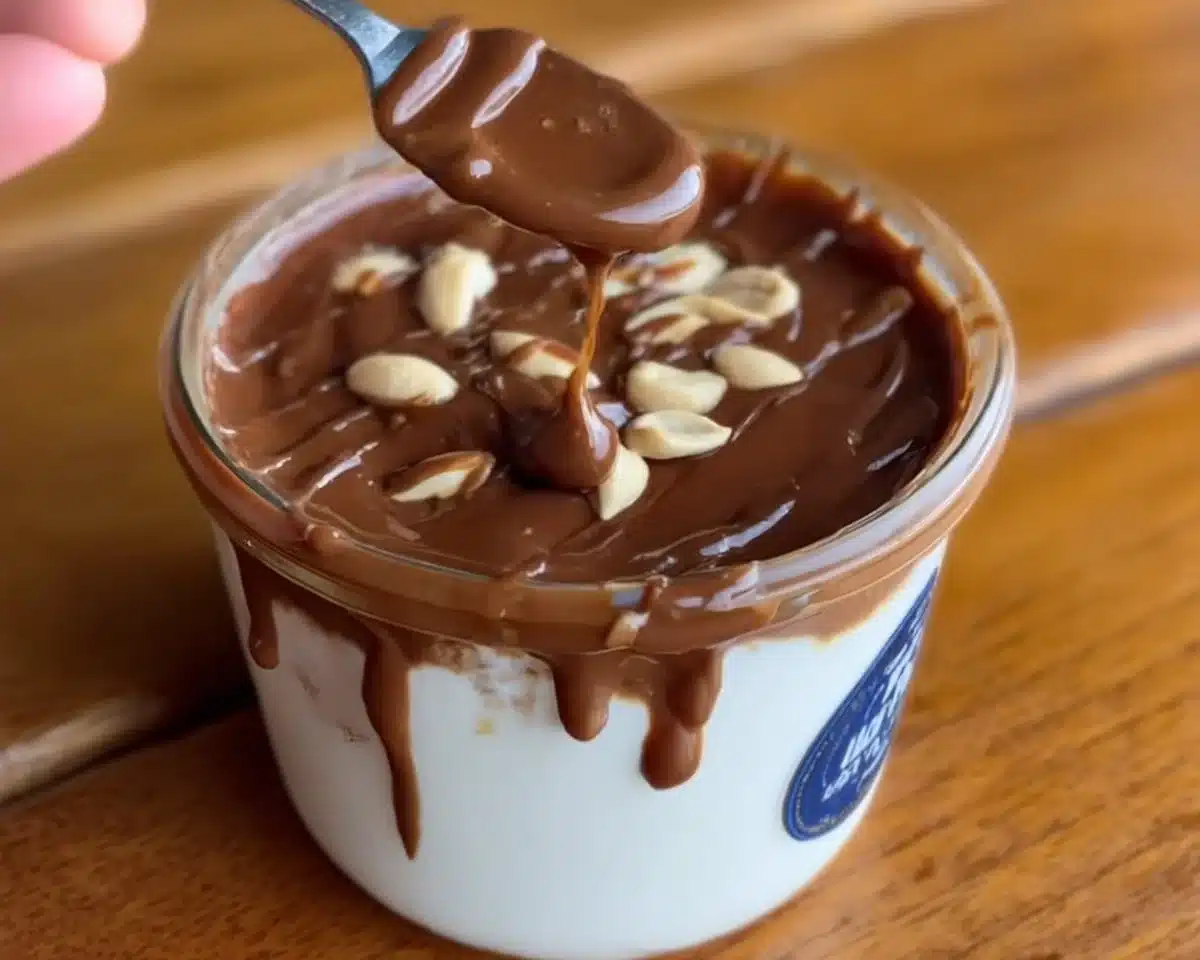 Vegan Peanut Butter Yogurt topped with a rich chocolate drizzle