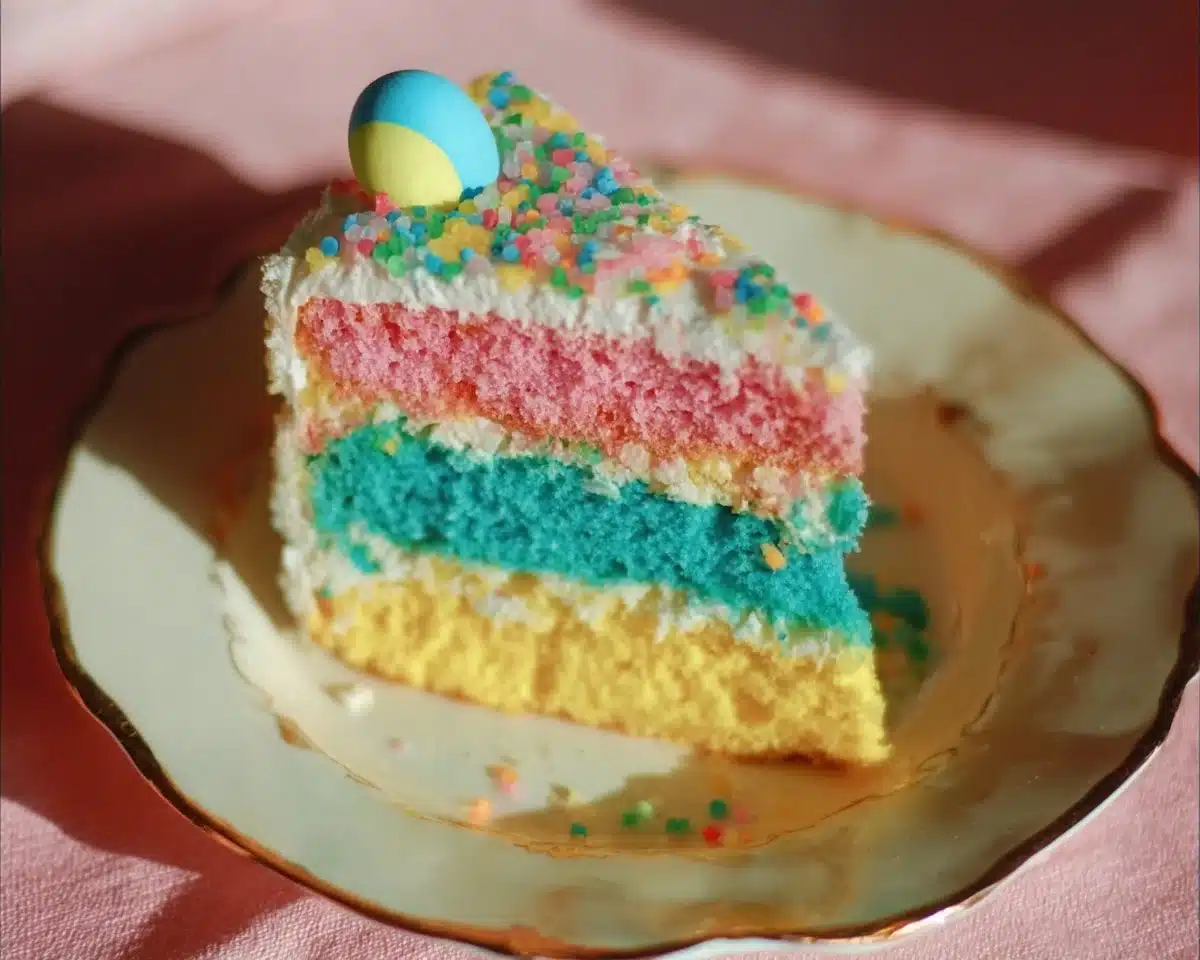 A colorful slice of Easter cake beautifully presented on a plate.