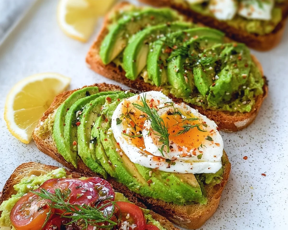Delicious avocado toast with toppings on a wooden table