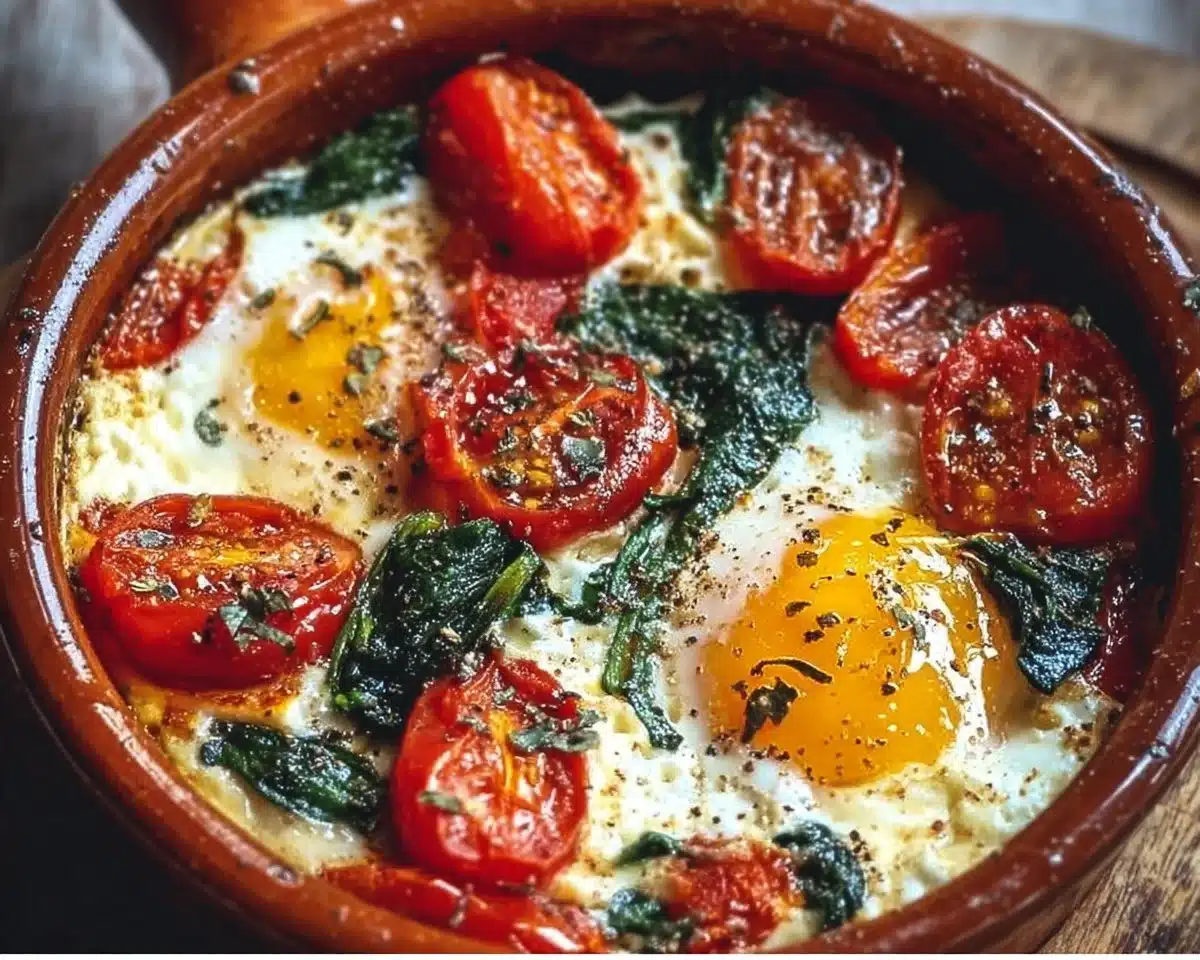 Baked Feta Eggs with Spinach & Tomatoes