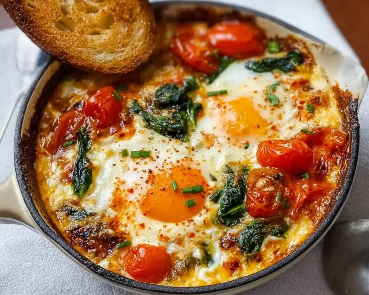 Baked Feta Eggs with Tomatoes and Spinach