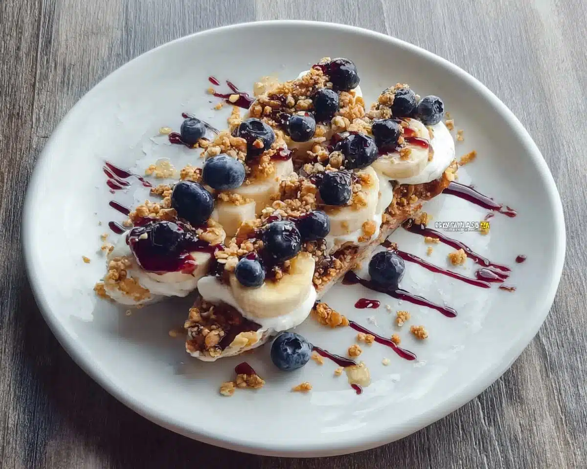 Delicious Blueberry Crumble Banana Split topped with ice cream and fresh blueberries