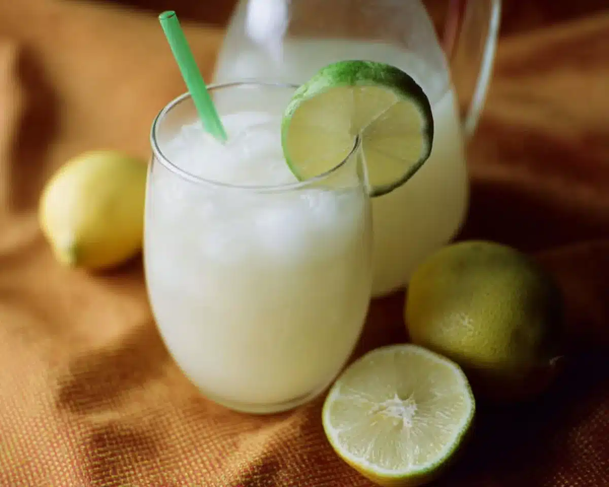 Freshly made Brazilian Lemonade in a glass with lime and mint garnish