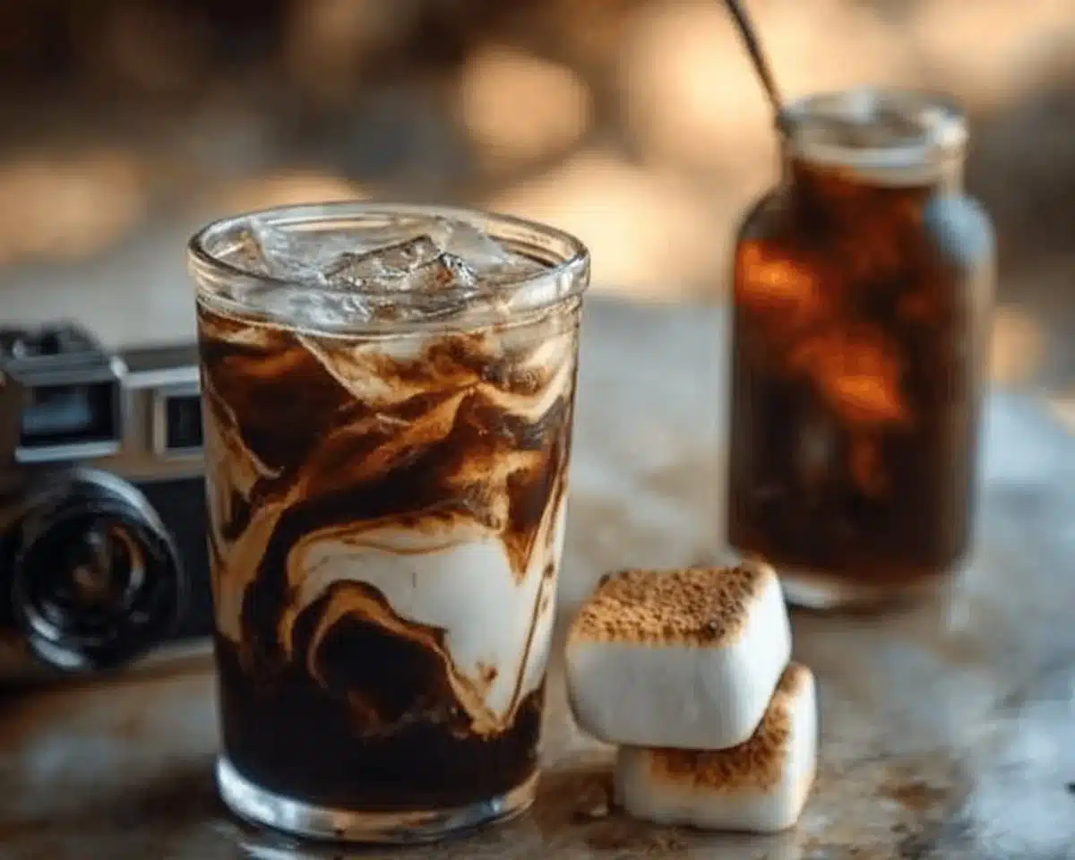 Campfire Cola Dirty Soda in a chilled glass with ice and garnishes
