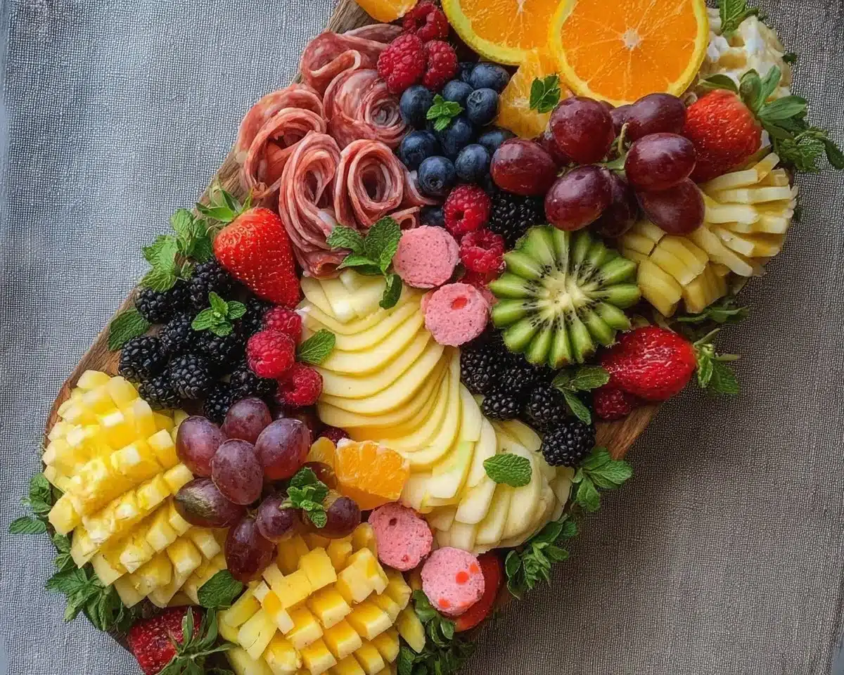 Elegant charcuterie board featuring meats, cheeses, and fresh fruits.