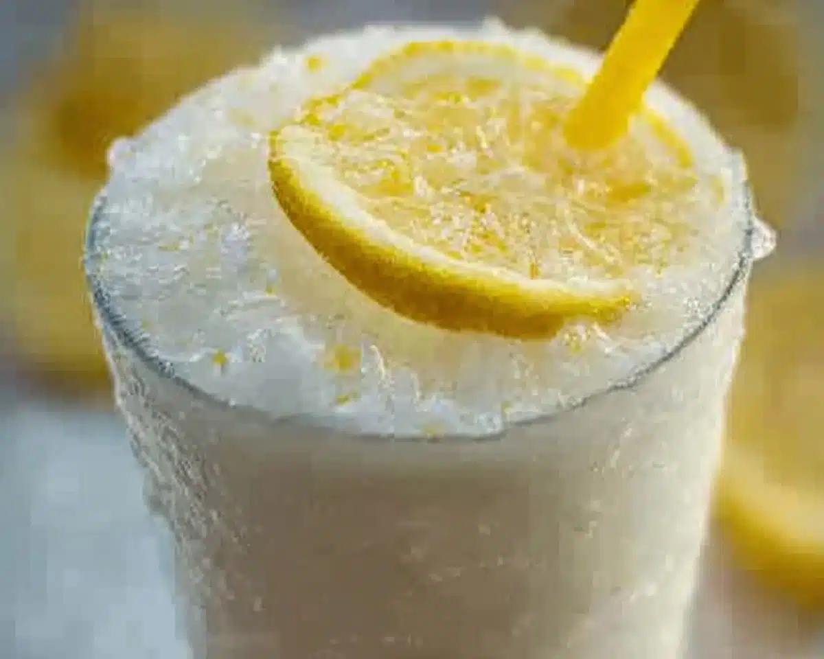 Chick-fil-A inspired frosted lemonade in a chilled glass with lemon slices
