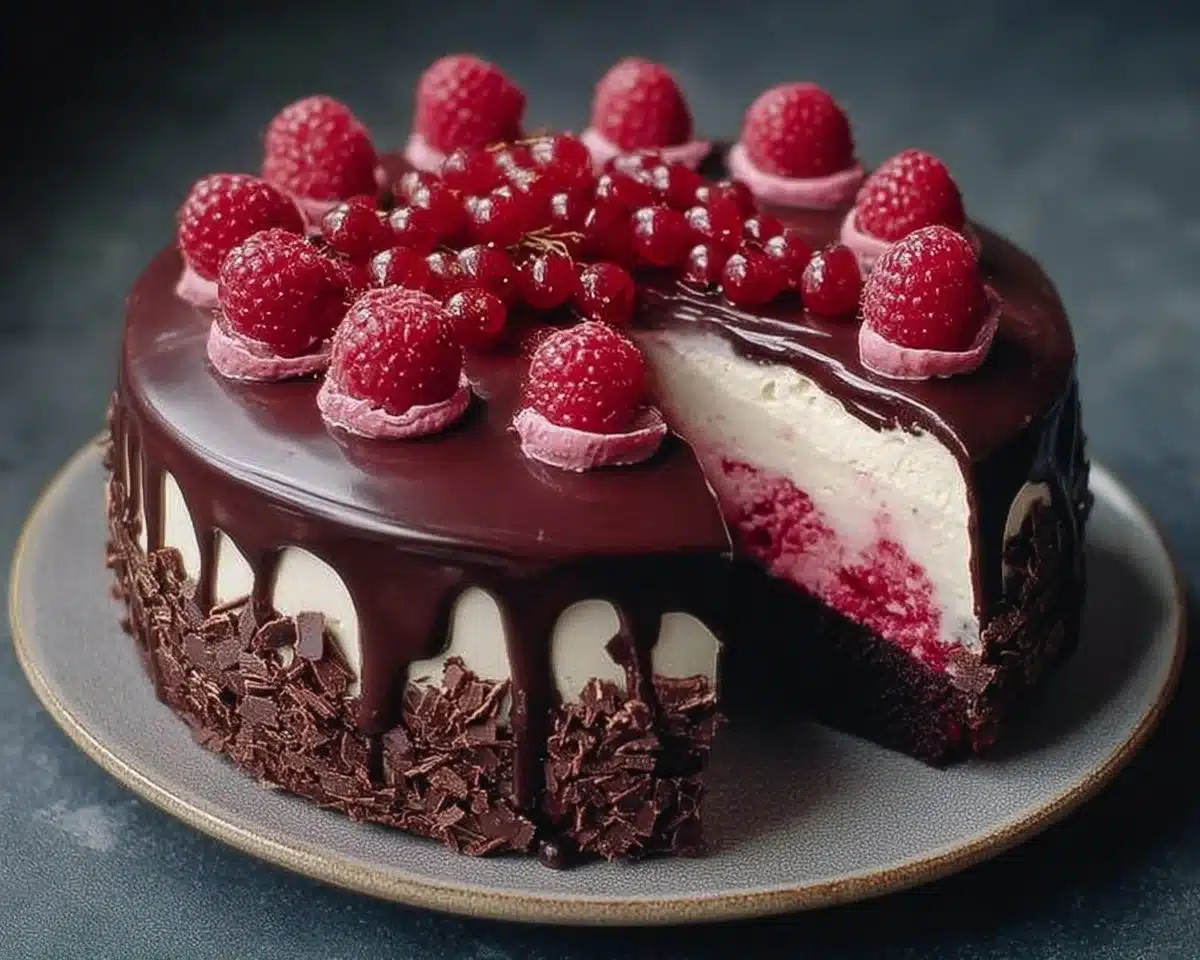 Delicious Chocolate Raspberry Cake topped with fresh raspberries and chocolate ganache.