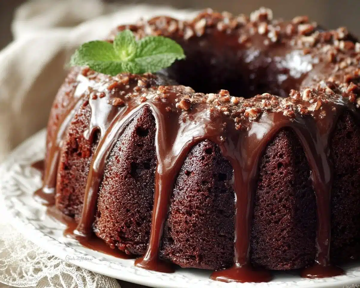 Delicious Chocolate Pudding Bundt Cake topped with chocolate glaze