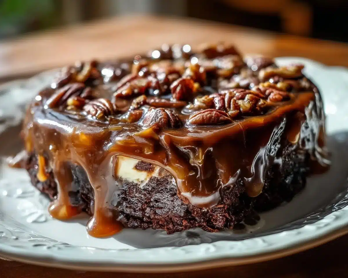 Decadent Chocolate Turtle Cake topped with caramel and nuts