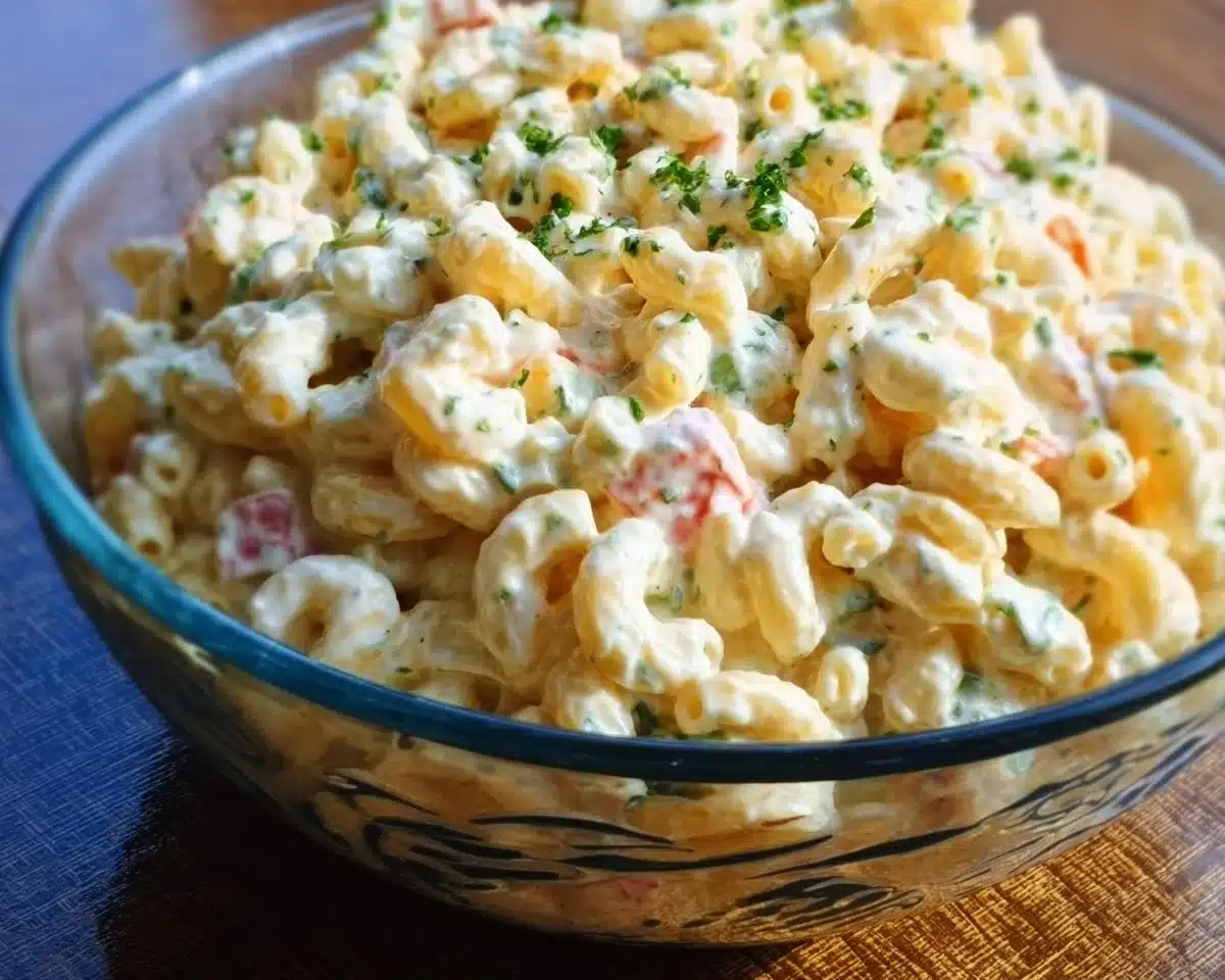 Classic Macaroni Hawaiian Salad served in a bowl, showcasing vibrant colors and ingredients.