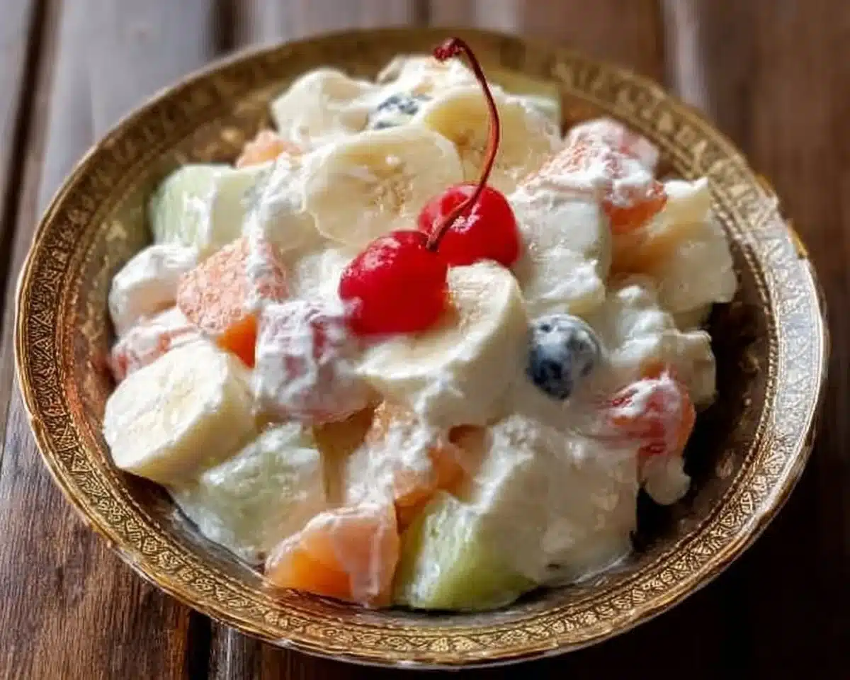 Creamy fruit salad with colorful fruits and creamy dressing