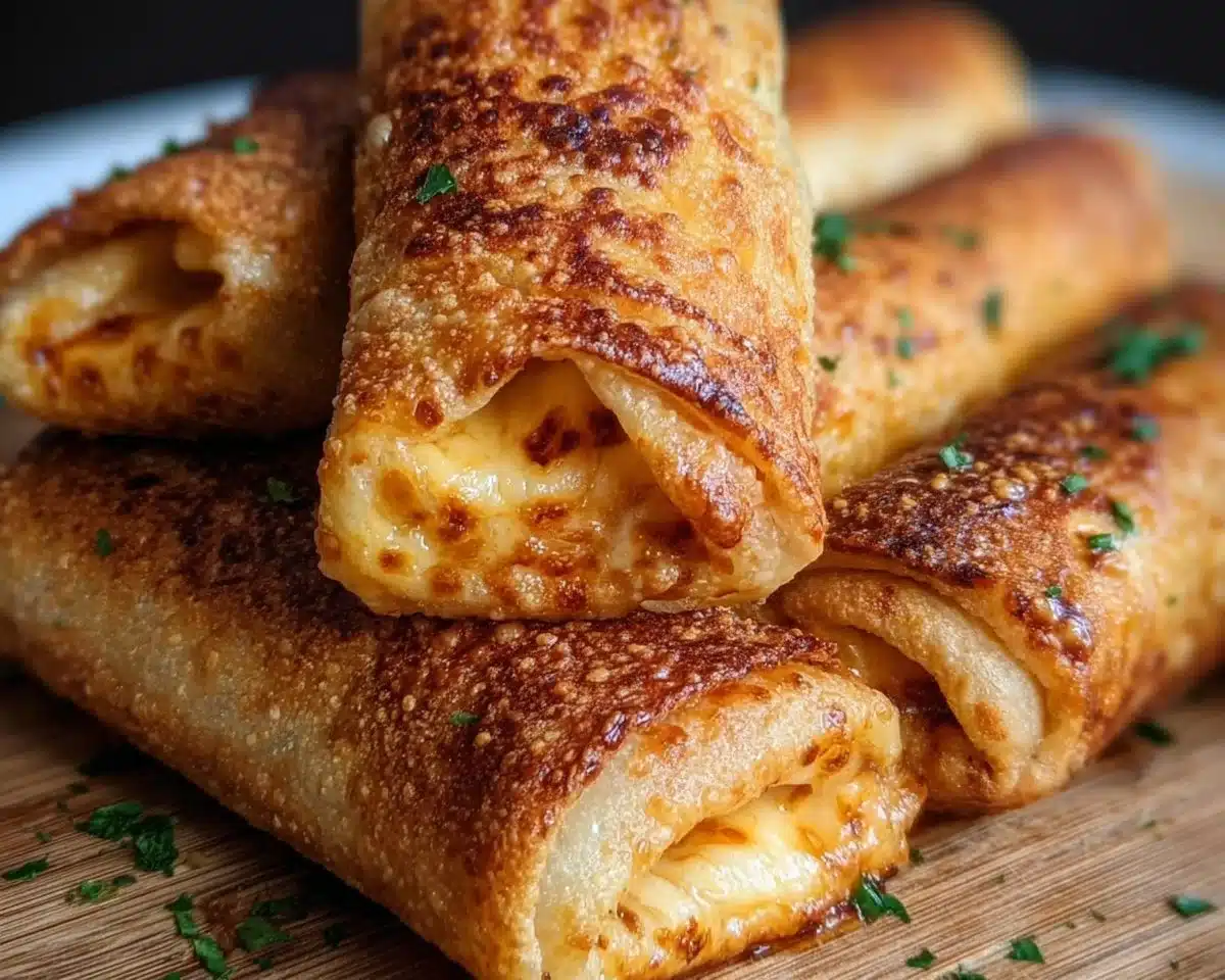 Crispy cheesy roll ups with melted cheese, perfect for snacking or appetizers.