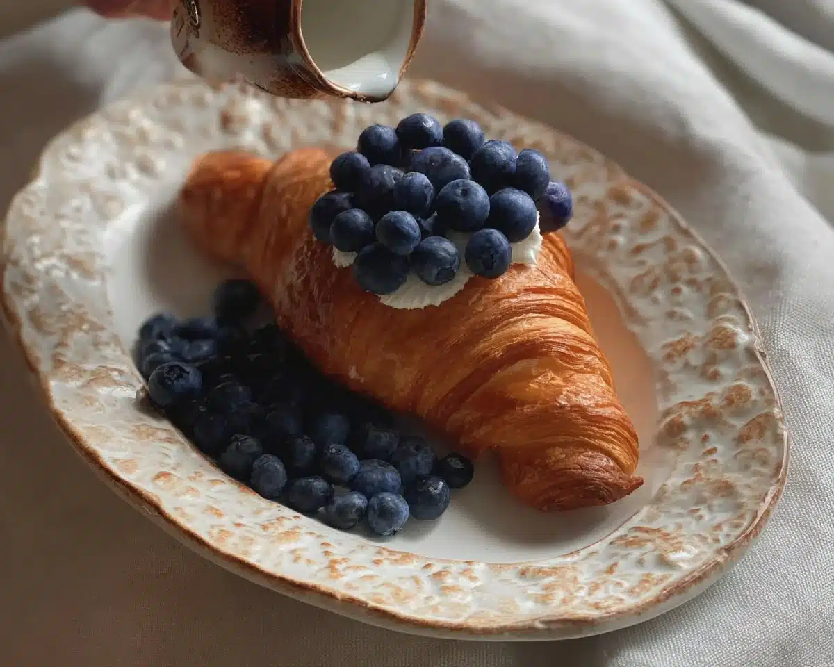 Fresh croissant with blueberries on a white plate